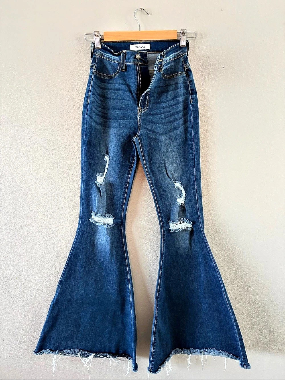 Zenana High Rise Bell Bottom Raw Hem Jeans Women's Flare Leg Distressed Jeans in